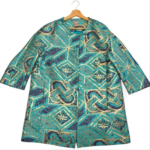 NWOT Chico's Turquoise Teal and Gold Patterned Coat Jacket Size 16-18 - Picture 1 of 10